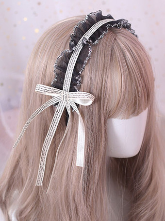 アイボリー 古典的なロリータヘッドドレスフリルレースボウブラックロリータヘアアクセサリー