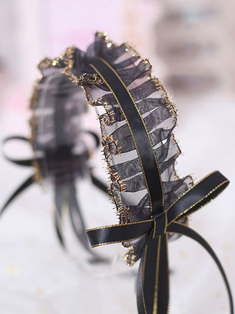 古典的なロリータヘッドドレスフリルレースボウブラックロリータヘアアクセサリー