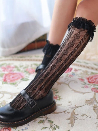 ブラック 甘いロリータ靴下レースフリルホワイトロリータストッキング