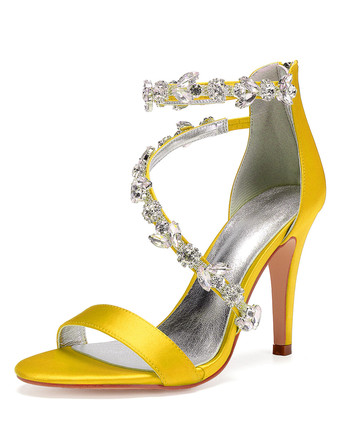 イエローハイヒールサンダル女性オープントゥラインストーンストラップ付きウェディングサテンブライダルシューズ