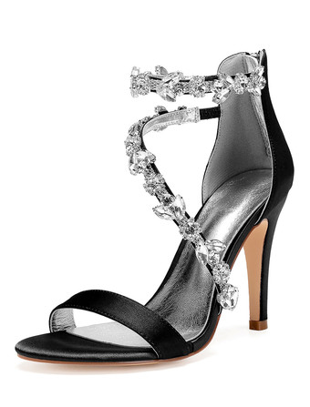 ブラック ハイヒールサンダル女性オープントゥラインストーンストラップ付きウェディングサテンブライダルシューズ