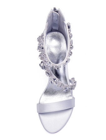 ハイヒールサンダル女性オープントゥラインストーンストラップ付きウェディングサテンブライダルシューズ