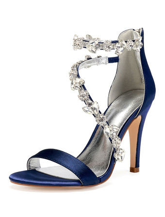 ダークネイビーハイヒールサンダル女性オープントゥラインストーンストラップ付きウェディングサテンブライダルシューズ