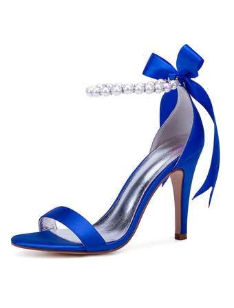 ブルー 白い結婚式の靴サテンオープントゥ真珠ボウハイヒールブライダルシューズパーティーシューズ