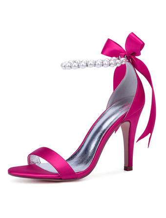 ローズレッド白い結婚式の靴サテンオープントゥ真珠ボウハイヒールブライダルシューズパーティーシューズ