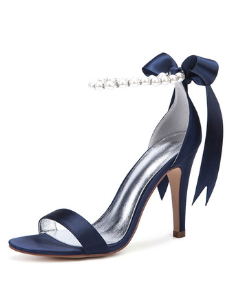 ダークネイビー白い結婚式の靴サテンオープントゥ真珠ボウハイヒールブライダルシューズパーティーシューズ