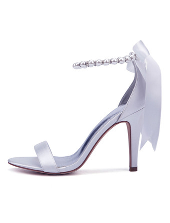 白い結婚式の靴サテンオープントゥ真珠ボウハイヒールブライダルシューズパーティーシューズ