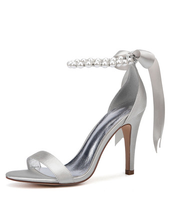 シルバー 白い結婚式の靴サテンオープントゥ真珠ボウハイヒールブライダルシューズパーティーシューズ