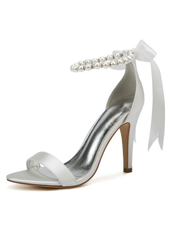 アイボリー白い結婚式の靴サテンオープントゥ真珠ボウハイヒールブライダルシューズパーティーシューズ