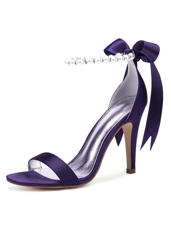 プラム白い結婚式の靴サテンオープントゥ真珠ボウハイヒールブライダルシューズパーティーシューズ