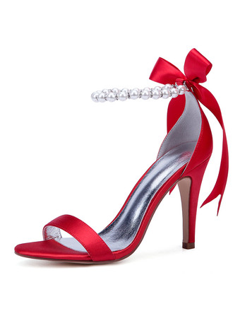 レッド 白い結婚式の靴サテンオープントゥ真珠ボウハイヒールブライダルシューズパーティーシューズ