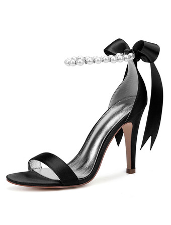 ブラック 白い結婚式の靴サテンオープントゥ真珠ボウハイヒールブライダルシューズパーティーシューズ