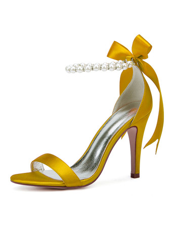 イエロー白い結婚式の靴サテンオープントゥ真珠ボウハイヒールブライダルシューズパーティーシューズ