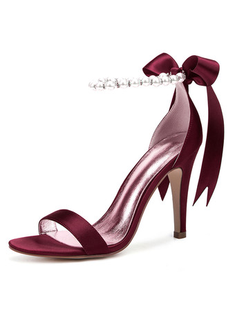 ワインレッド 白い結婚式の靴サテンオープントゥ真珠ボウハイヒールブライダルシューズパーティーシューズ