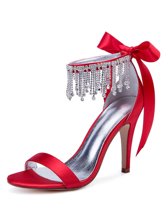 赤い結婚式の靴サテンオープントゥラインストーンボウハイヒールブライダルシューズ