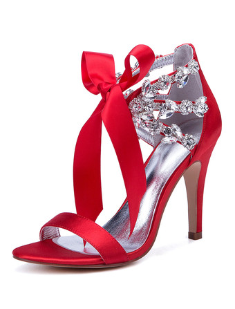 サテンの結婚式の靴赤のオープントゥラインストーンレースアップブライダルシューズハイヒールのサンダル