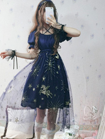Classic Lolita OP Dress Flying Horse Starry Sky Ruffle Tulle Blue Lolita One Piece Dress