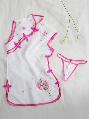 セクシーコスチュームチャイナドレスミニチョンサムシアーチュールレディースナイトウェアランジェリーセットハロウィン