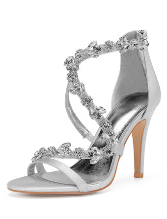 シルバー サテンの結婚式の靴パープルオープントゥラインストーンジッパーアップストラップハイヒールブライダルシューズ