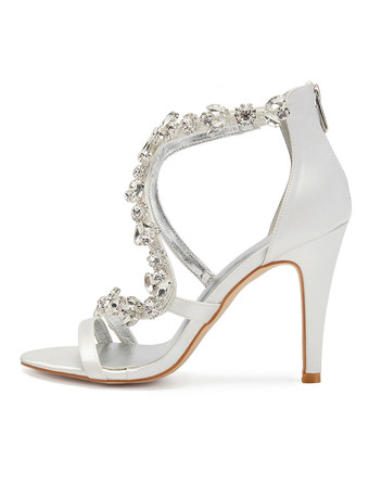 サテンの結婚式の靴パープルオープントゥラインストーンジッパーアップストラップハイヒールブライダルシューズ