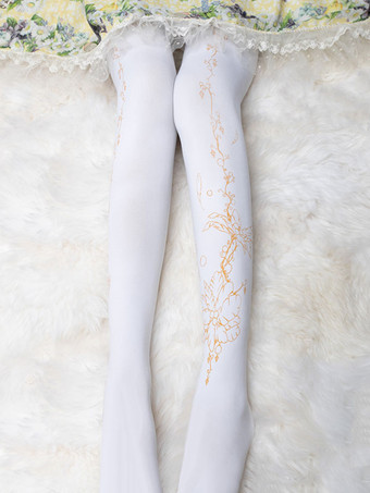 ホワイト ベルベットロリータパンストフラワーフェザープリント120Dロリータストッキング