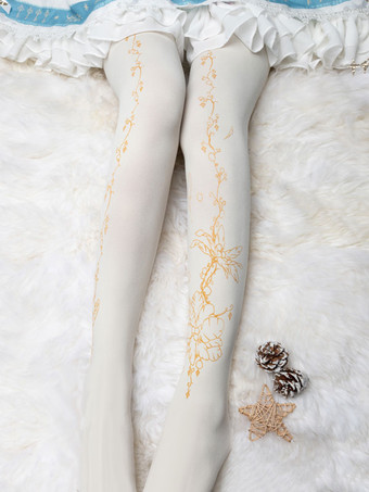 アイボリー ベルベットロリータパンストフラワーフェザープリント120Dロリータストッキング