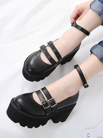 Lolita clássico calçado metálico fivela plataforma preto Lolita sapatos