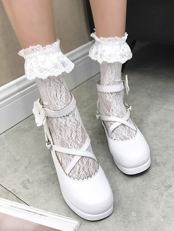Clássico Lolita Sapatos Strappy Flor Plataforma Branco Chunky Heel Lolita Calçado