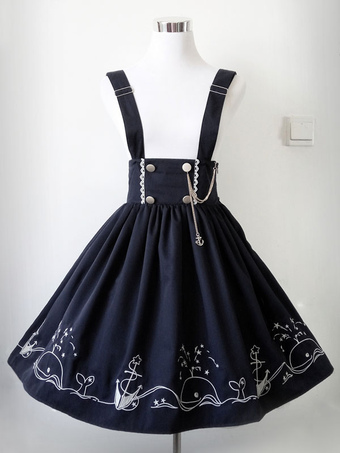Classic Lolita Dress Starry Sea Path Military Style Embroidered Bow Chain Navy Blue Lolita Salopette