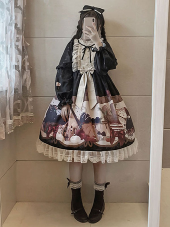 Classic Lolita OP Dress Dessert House Print Lace Ruffle Bow Black Lolita One Piece Dress