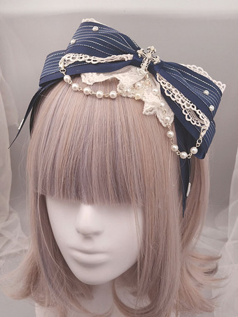 Classic Lolita Diadema Diseño metálico Encaje Perla Ruffle Bow Lolita Accesorio para el cabello