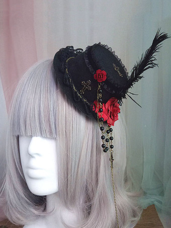 Gothic Lolita Hat with a Red Rose, Rabbit, Feather, and Chains – Holic  Accessories