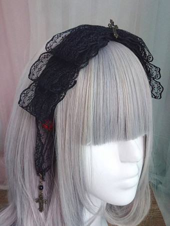 Gothic Lolita Headdress Lace Bow Metallic Design Black Lolita Hair Accessory