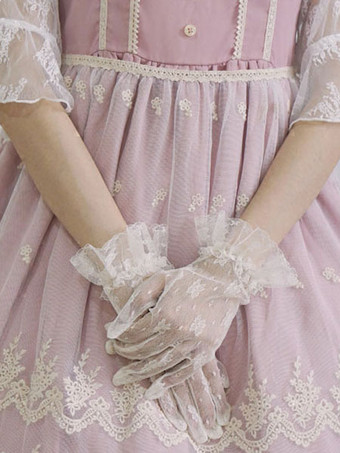 Лолита Свадебные перчатки кружевные цветочные рябить белый Лолита варежки