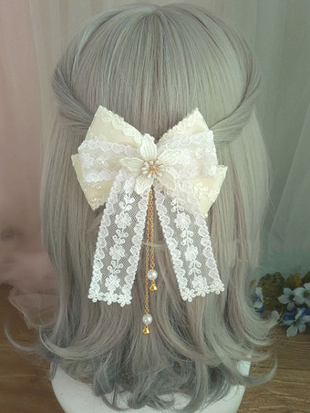 Sweet Lolita Hair Clasp Lace Bow Pearl Embroidered Ecru White Lolita Hair Accessory