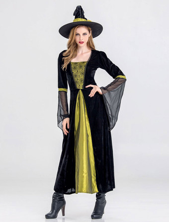 Costume Sorcière Cosplay Femmes Robes Noir Vert Maxi Déguisements Halloween
