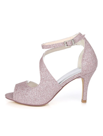 キラキラプロムの靴ハイヒールの結婚式の靴パープルピープトウシューズストラップレスブライダルシューズ