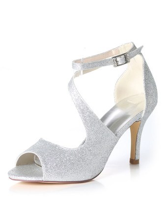 シルバー キラキラプロムの靴ハイヒールの結婚式の靴パープルピープトウシューズストラップレスブライダルシューズ