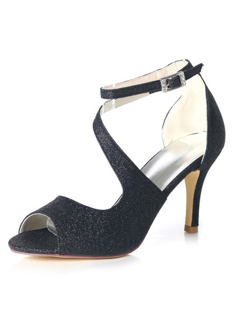 ブラック キラキラプロムの靴ハイヒールの結婚式の靴パープルピープトウシューズストラップレスブライダルシューズ