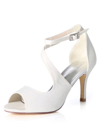 ホワイト キラキラプロムの靴ハイヒールの結婚式の靴パープルピープトウシューズストラップレスブライダルシューズ