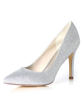 シルバー シャンパンウエディングシューズキラキラ結婚式の靴女性の尖ったつま先のハイヒールのプロムの靴