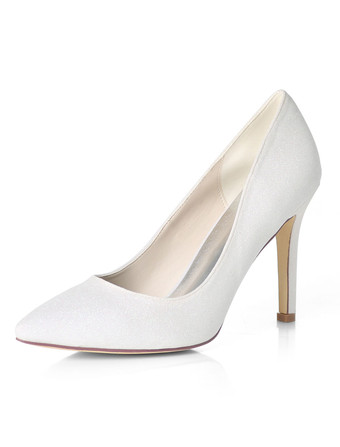 ホワイト シャンパンウエディングシューズキラキラ結婚式の靴女性の尖ったつま先のハイヒールのプロムの靴