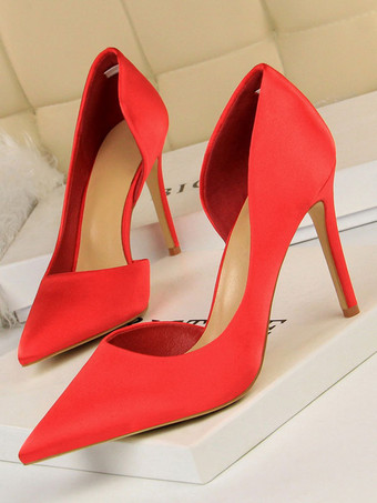 レッド ハイヒール ポインテッドトゥ パンプス ピンヒール10cm 絹織物 ハイヒールシューズ レディース靴