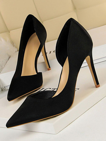 ブラック ハイヒール ポインテッドトゥ パンプス ピンヒール10cm 絹織物 ハイヒールシューズ レディース靴