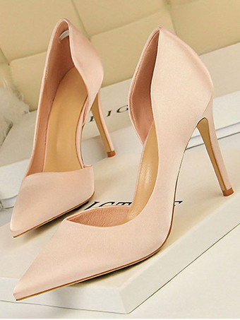 ピンクハイヒール ポインテッドトゥ パンプス ピンヒール10cm 絹織物 ハイヒールシューズ レディース靴