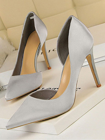 シルバー ハイヒール ポインテッドトゥ パンプス ピンヒール10cm 絹織物 ハイヒールシューズ レディース靴