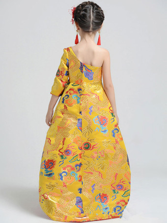 子供のページェントドレスの女の子中国風刺繍入り非対称フォーマルガウン