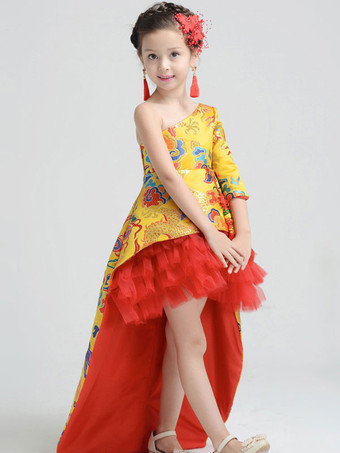 子供のページェントドレスの女の子中国風刺繍入り非対称フォーマルガウン