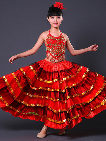 フラメンコ 衣装 レッド ダンス 衣装 スカート 子供用 ポリエステル コスチューム 社交ダンス ハロウィン イベント パーティー 団体服 ベリーダンス 衣装