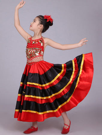 フラメンコ 衣装 レッド ダンス 衣装 スカート 子供用 ポリエステル コスチューム 社交ダンス ハロウィン イベント パーティー 団体服 ベリーダンス 衣装